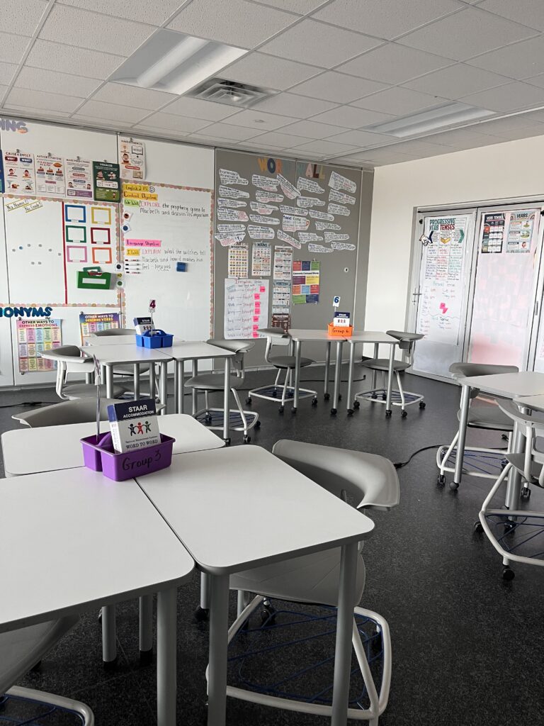 Wide view of an ESL classroom with grouped desks, vocabulary walls, writing posters, and student supply bins.
