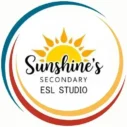 Site logo for Sunshine's Secondary ESL Studio with a sun symbol and blue, red and yellow colors with black font.