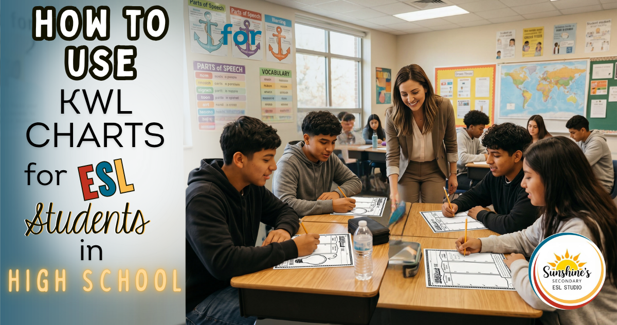 High school ESL students using KWL chart worksheets with teacher support in a classroom