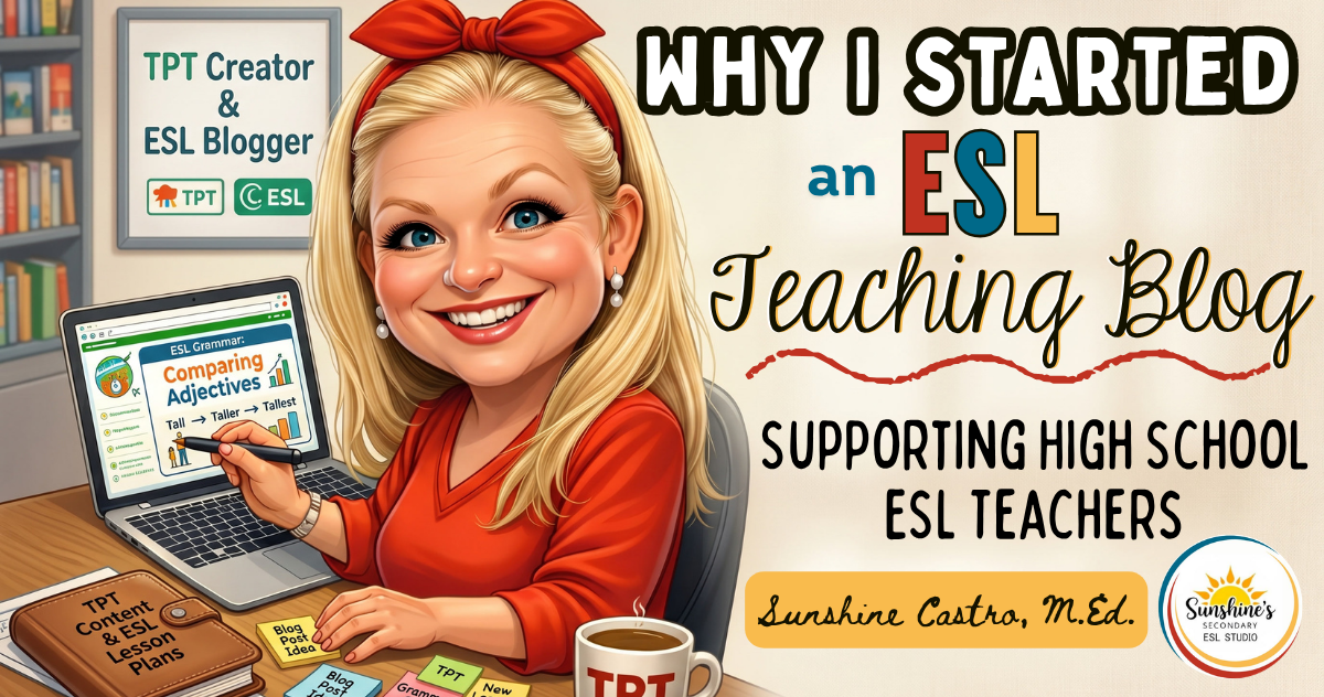 Caricature of a smiling ESL teacher and TPT creator working on a laptop with teaching materials, representing an ESL blogging journey
