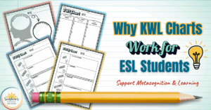 KWL chart examples with blog title “Why KWL Charts Work for ESL Students” and tagline “Support Metacognition and Learning”