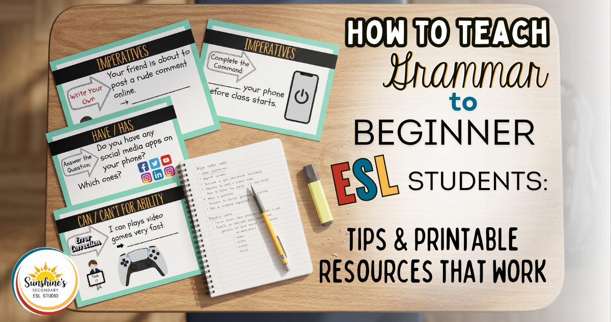 Top view of a high school desk with ESL grammar task cards, notebook, and supplies showing how to teach grammar to beginner ESL students