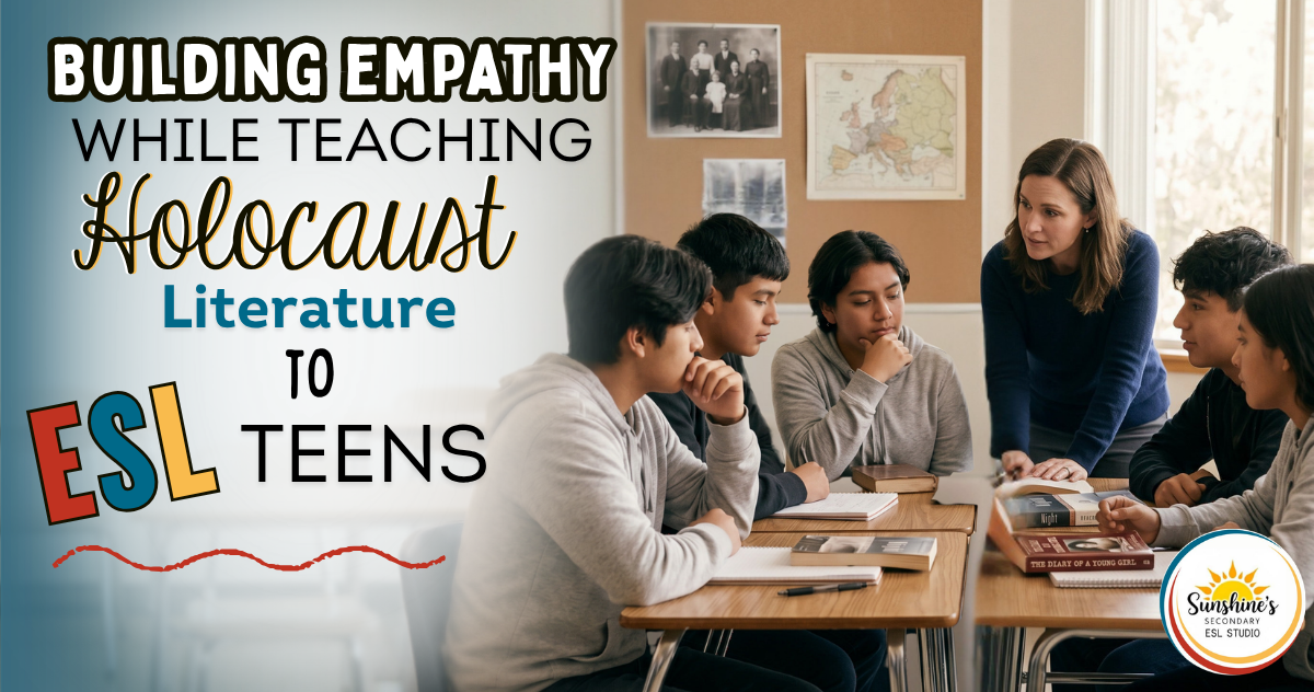 High school ESL teacher leading a small group discussion to build empathy while teaching Holocaust literature to multilingual students