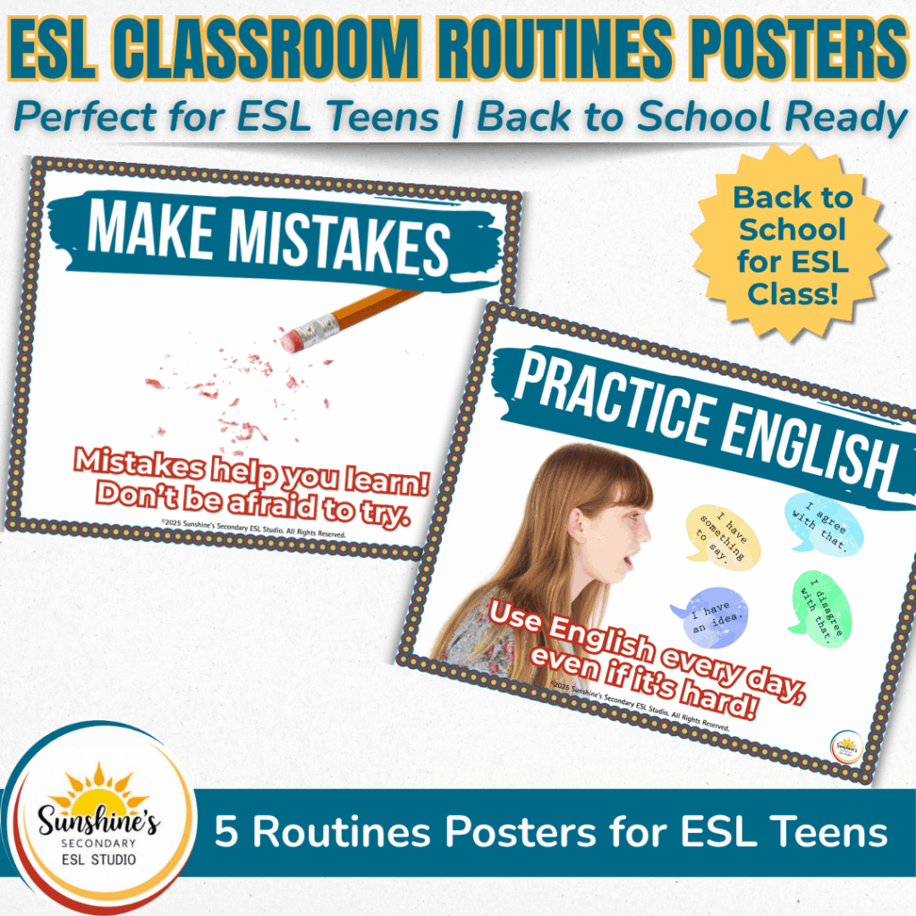 ESL classroom routines posters for teen learners – “Make Mistakes” and “Practice English” examples