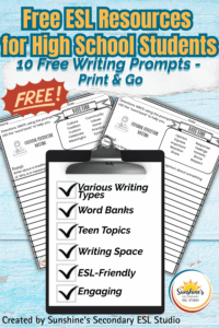 Free ESL writing prompts preview showing print-and-go worksheets for teen English learners with word banks and writing space.