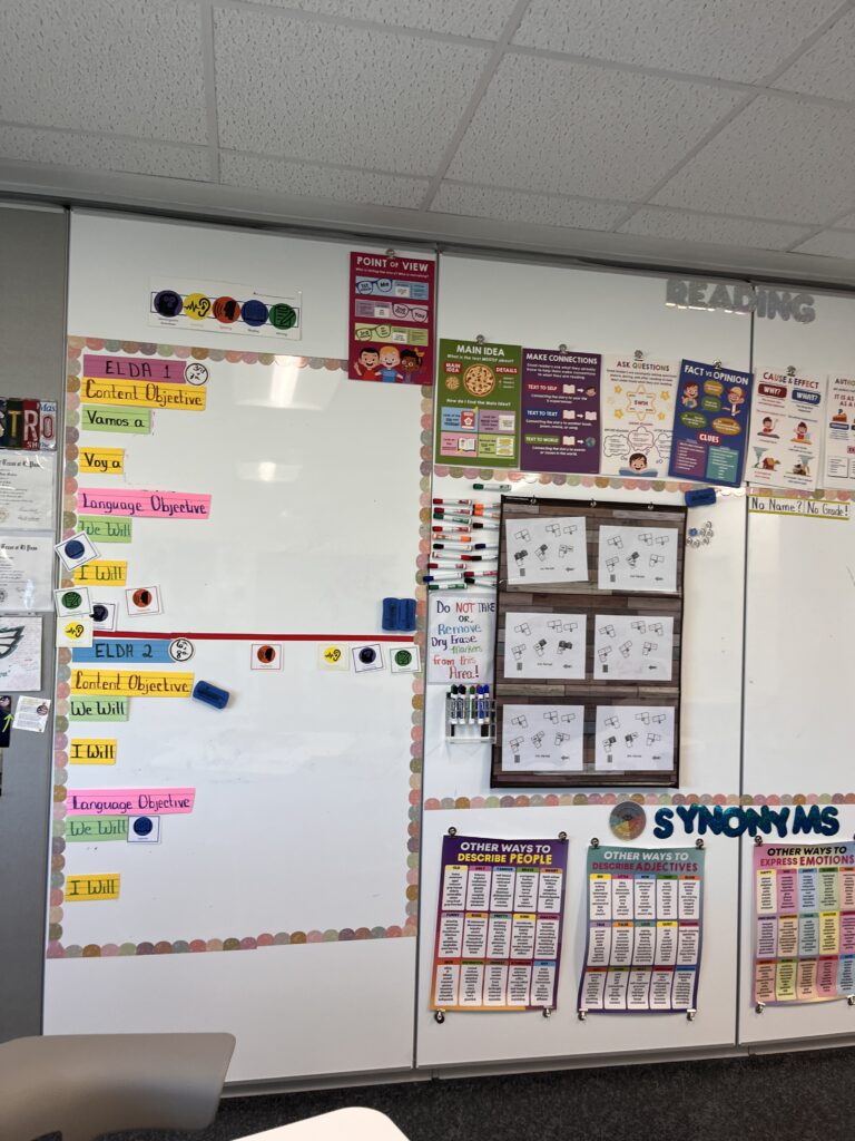 ESL classroom whiteboard with daily objectives, colorful posters, and student-friendly anchor charts for reading and vocabulary.