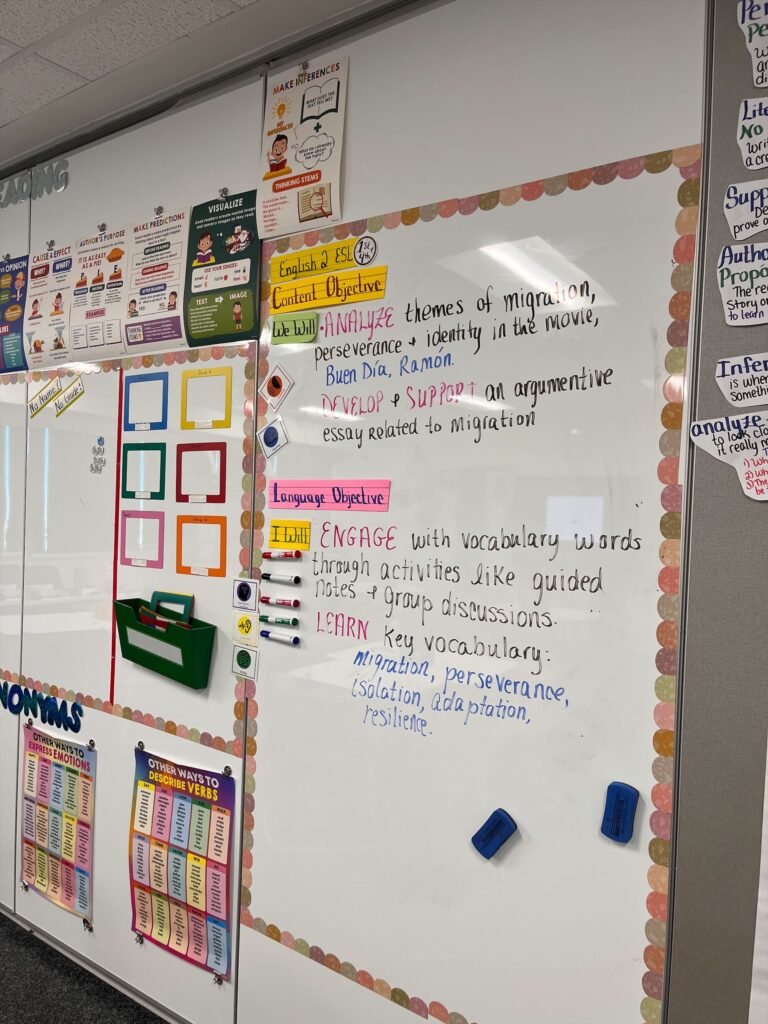 Whiteboard in an ESL classroom showing content and language objectives, academic vocabulary, and reading strategy posters.
