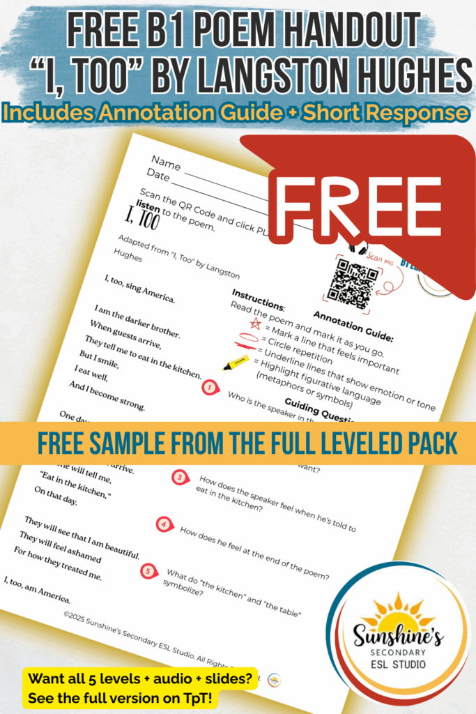 Free B1 ESL listening worksheet with QR code audio, annotation guide, and short response questions. Includes a printable handout preview.