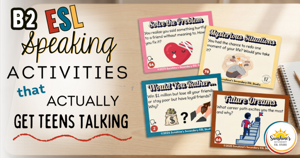 Top view of ESL conversation cards on a student desk used for B2 ESL speaking activities to help teens practice speaking