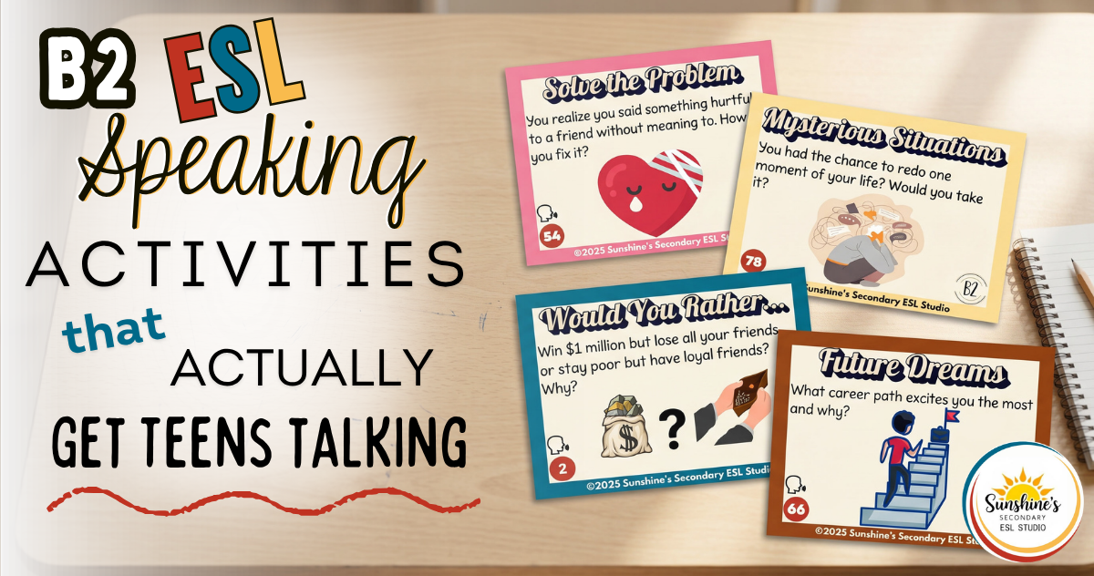 Top view of ESL conversation cards on a student desk used for B2 ESL speaking activities to help teens practice speaking