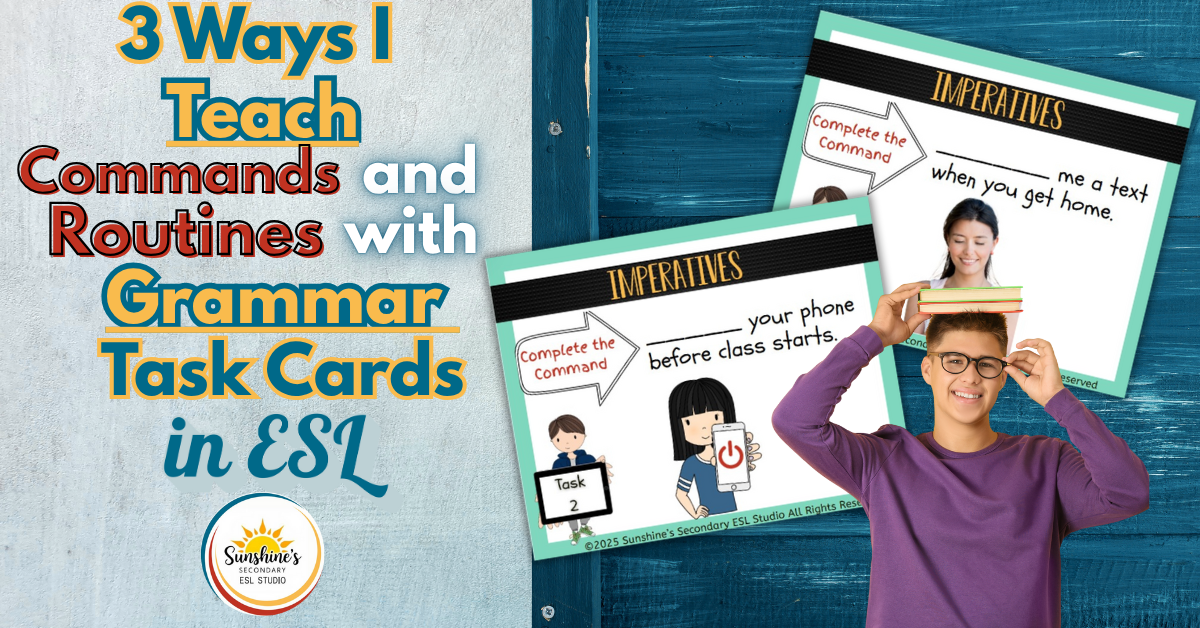 ESL grammar task cards teaching commands and routines with imperative sentence practice