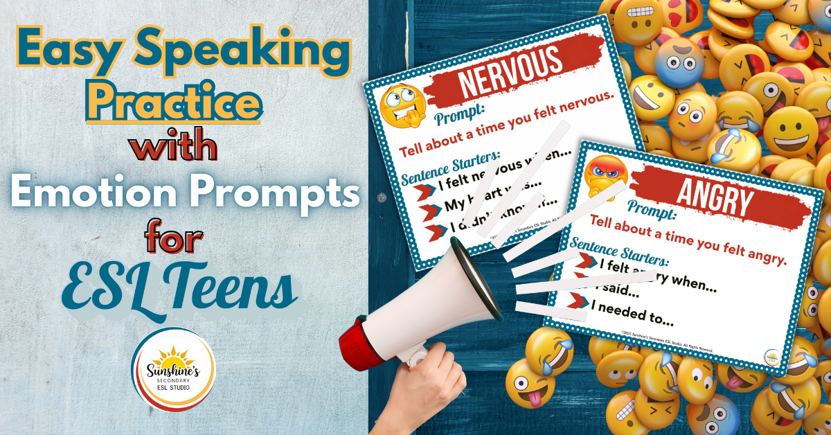 Emotion-based speaking prompts for ESL teens featuring sentence starters and visual cards