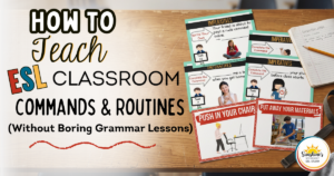 ESL classroom commands and routines task cards on a high school desk for teaching imperatives and daily procedures