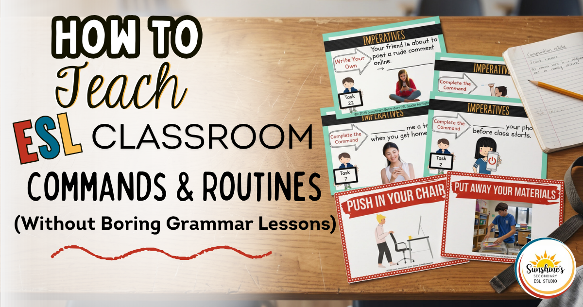 ESL classroom commands and routines task cards on a high school desk for teaching imperatives and daily procedures