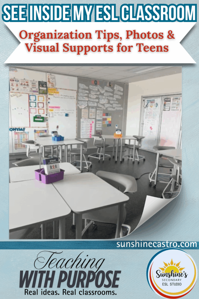 Pinterest image linking to ESL classroom ideas page with photos and organizational tips.