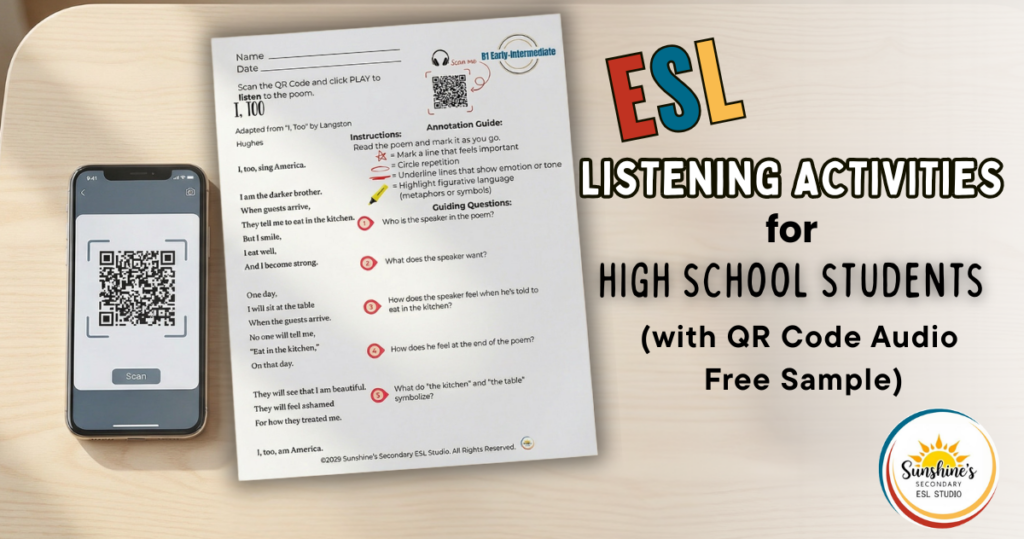 ESL listening activities for high school students using a QR code worksheet with audio and guided questions