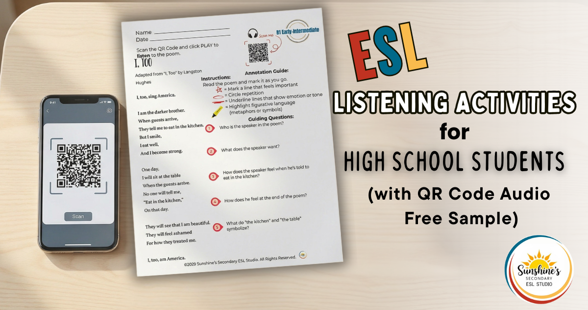 ESL listening activities for high school students using a QR code worksheet with audio and guided questions