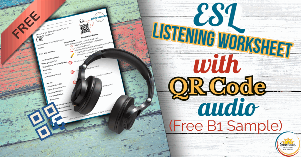 Free B1 ESL listening worksheet with QR code audio and annotation guide. Includes headphones and printable handout preview.