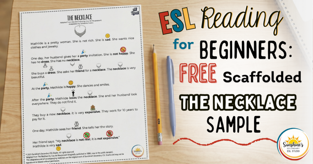 ESL reading for beginners worksheet The Necklace free sample on a student desk