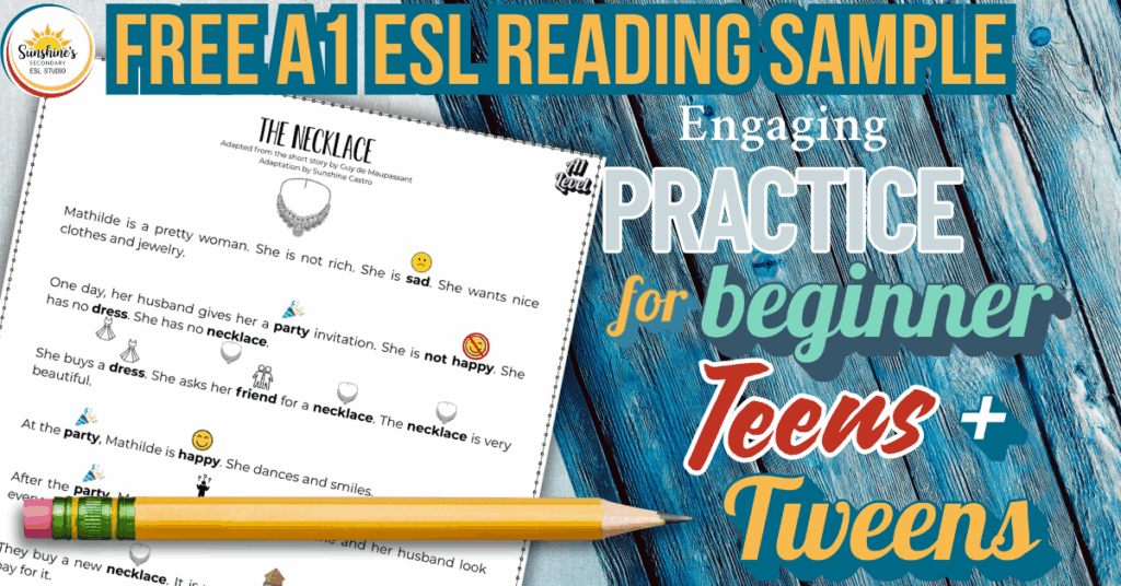 Free A1 ESL reading sample titled "The Necklace" with simplified text and emoji-supported vocabulary, designed for beginner teen and tween ESL students