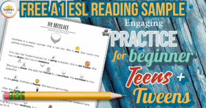 Free A1 ESL reading sample titled "The Necklace" with simplified text and emoji-supported vocabulary, designed for beginner teen and tween ESL students