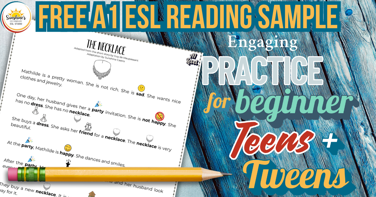 Free A1 ESL reading sample titled "The Necklace" with simplified text and emoji-supported vocabulary, designed for beginner teen and tween ESL students