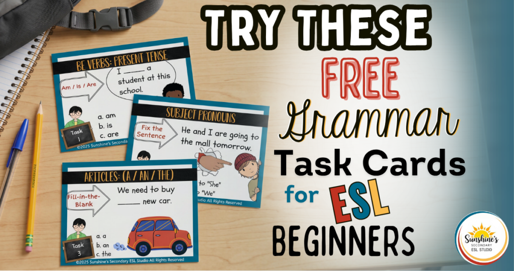 free grammar task cards for ESL beginners on a student desk