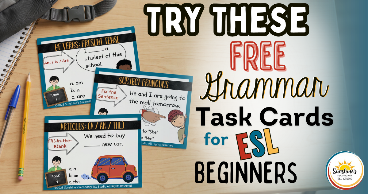 free grammar task cards for ESL beginners on a student desk