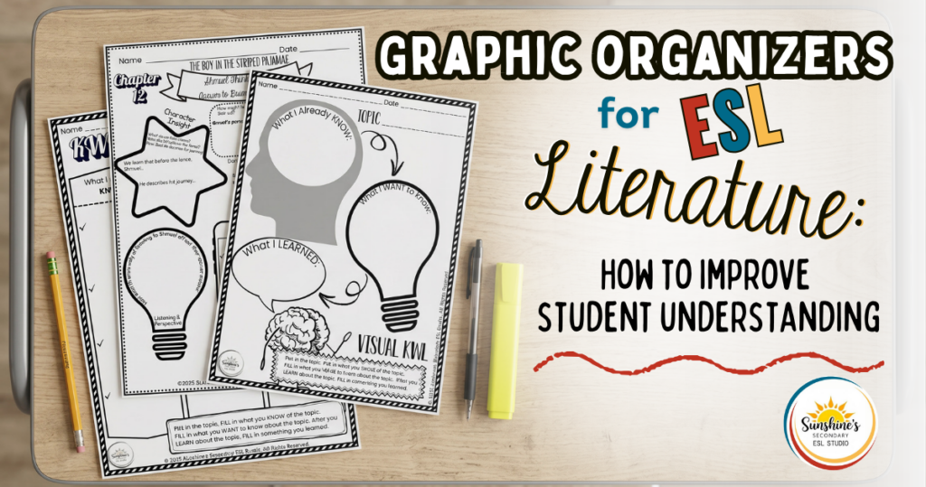 Top-down view of ESL graphic organizer worksheets for literature on a high school student desk