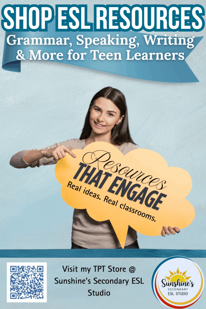 Pinterest image linking to TpT store with grammar, writing, and speaking resources for ESL teens.