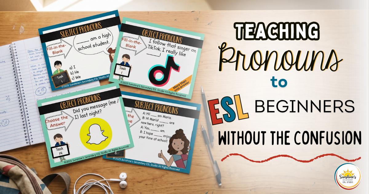 Top-down view of ESL pronouns grammar cards on a student desk used for teaching pronouns to ESL beginners
