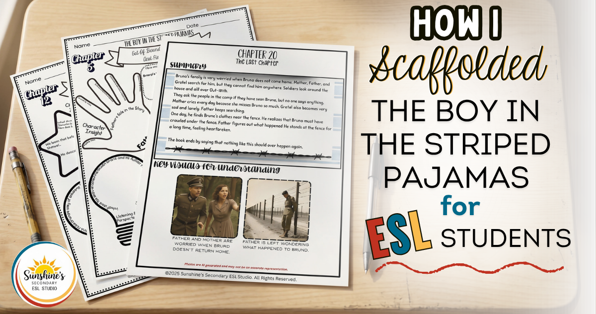 Top view of ESL worksheets for The Boy in the Striped Pajamas used to scaffold reading and comprehension for ESL students
