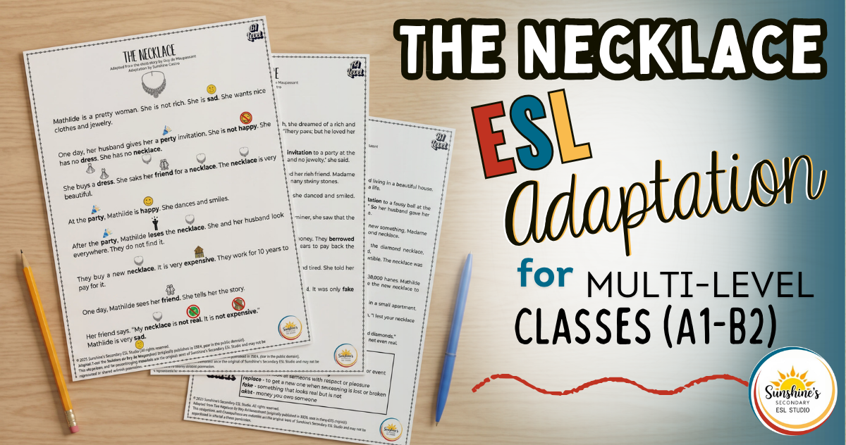 The Necklace ESL adaptation worksheets for A1–B2 students with leveled reading and scaffolding