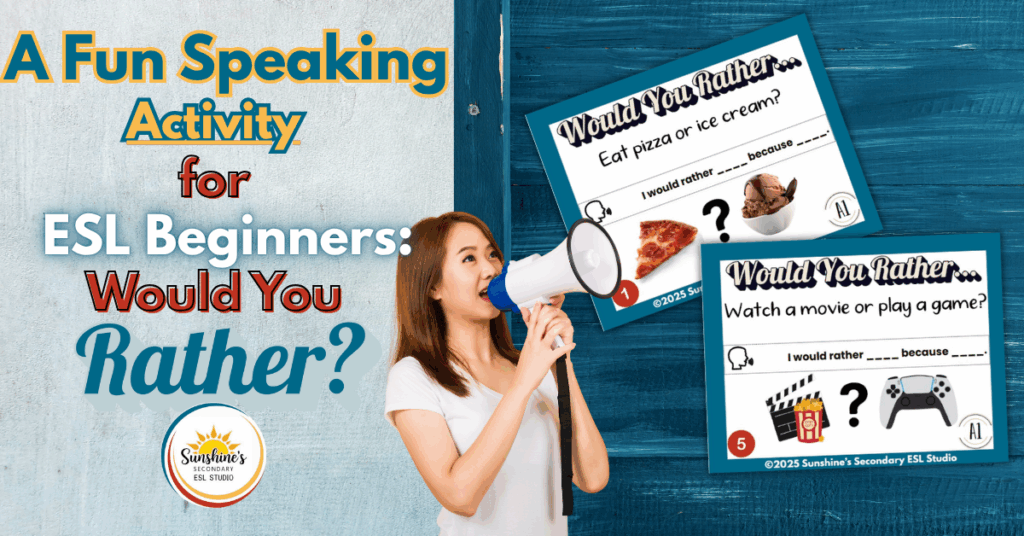 Would You Rather speaking activity cards for ESL beginners with visuals and sentence starters