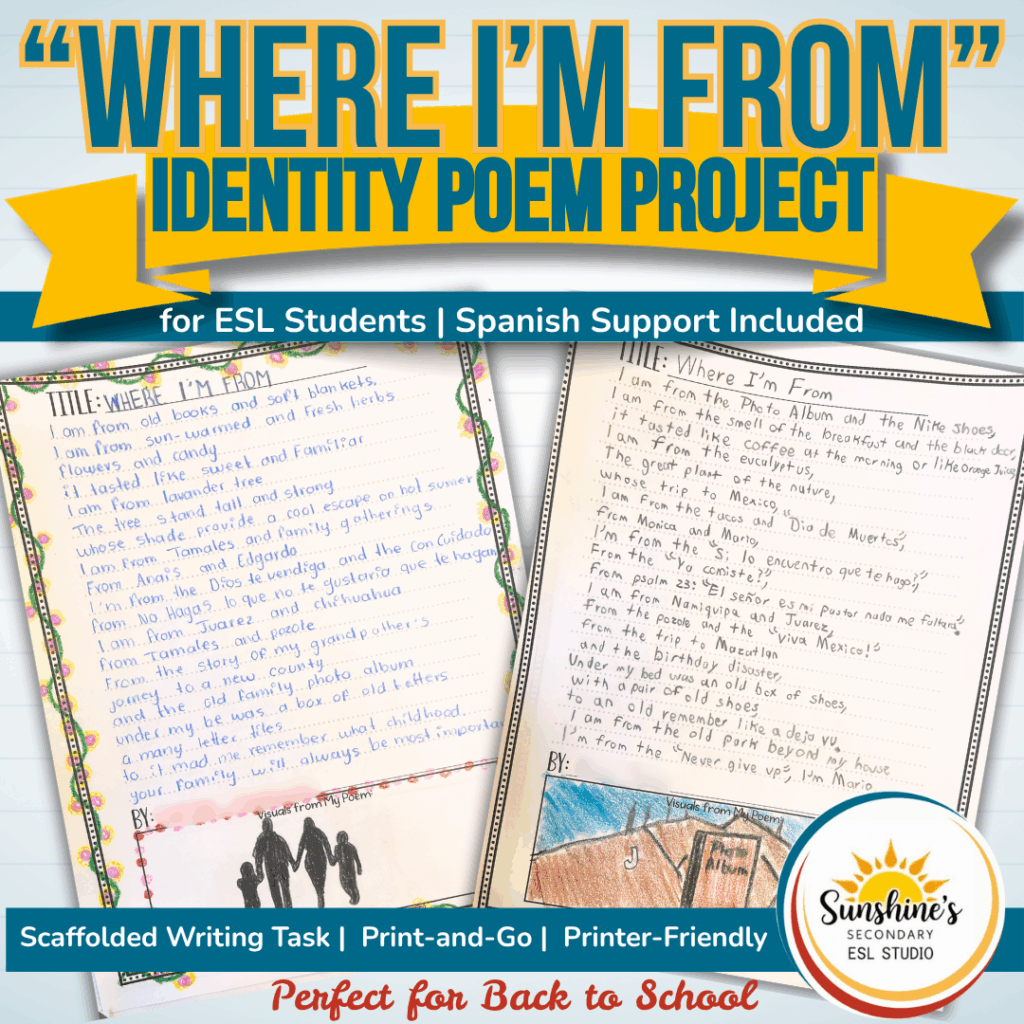 Student-written “Where I’m From” poems displayed as part of an ESL identity writing project with Spanish support for back to school.