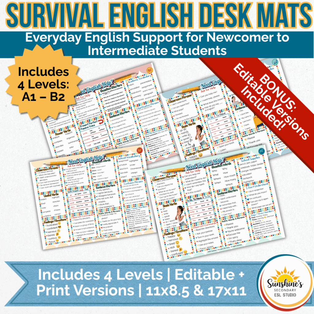Survival English desk mats for ESL students showing four differentiated levels from A1 to B2 with colorful grammar and vocabulary supports.