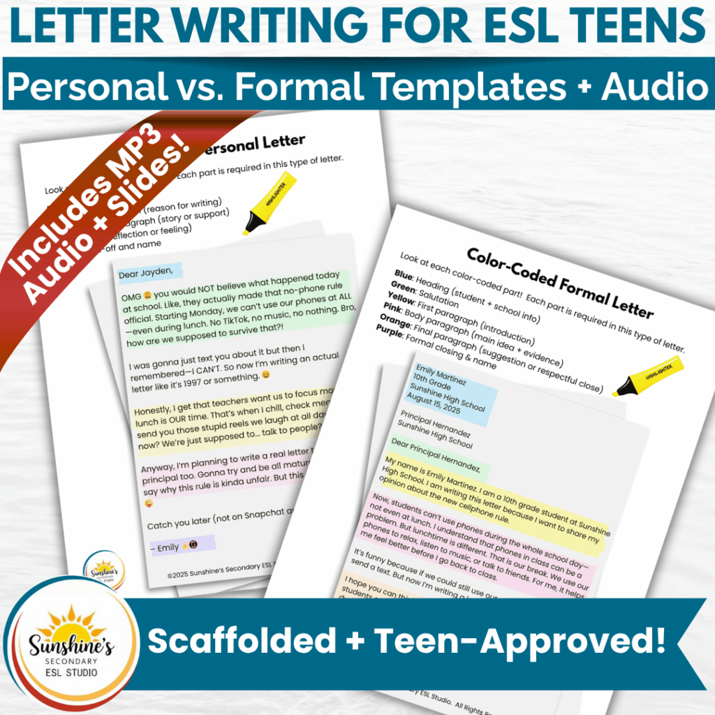 Color-coded personal and formal letter writing templates for ESL students with MP3 audio