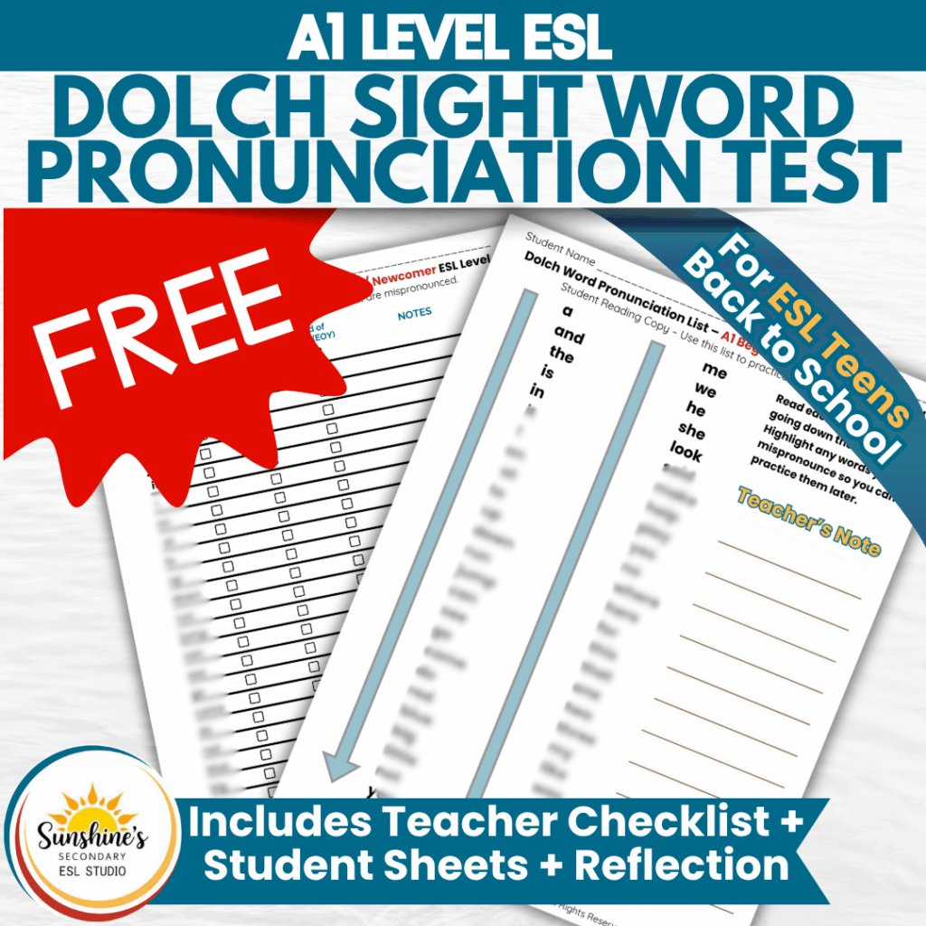 Free A1 Level ESL Pronunciation Test with teacher checklist, student reading sheets, and reflection form for back to school