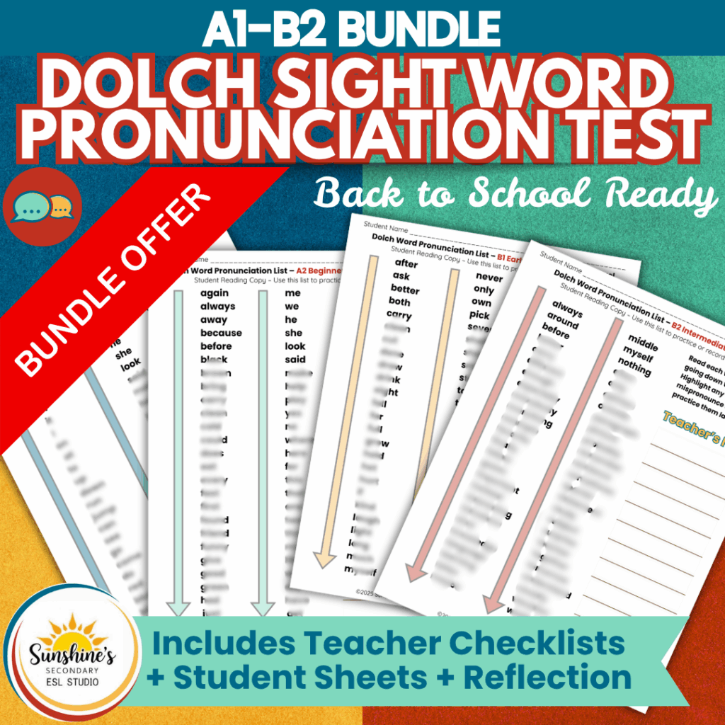 1–B2 ESL Pronunciation Test Bundle with leveled word lists, teacher checklists, student sheets, and reflection tools for back to school
