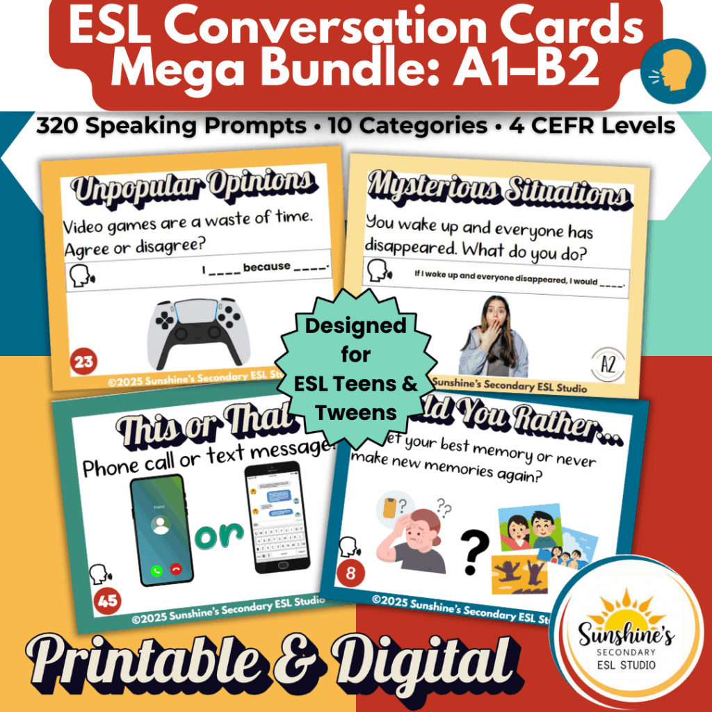 Preview of ESL Conversation Cards Mega Bundle with 320 speaking prompts in 10 categories for A1–B2 ESL teens and tweens.