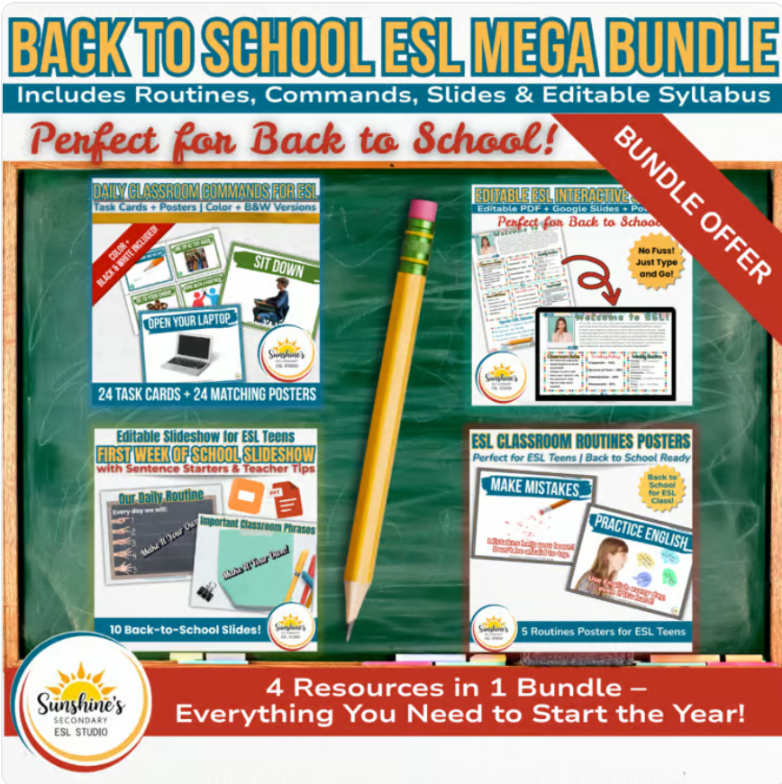 Back to School ESL Mega Bundle with routines, commands, slideshow, and syllabus for teens