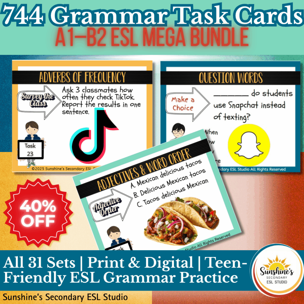 744 Grammar Task Cards Mega Bundle for High School ESL – Cover Image