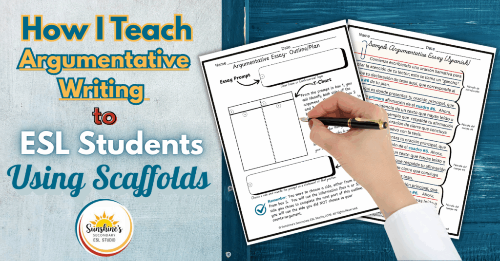 ESL teacher using scaffolds to teach argumentative writing with bilingual graphic organizers