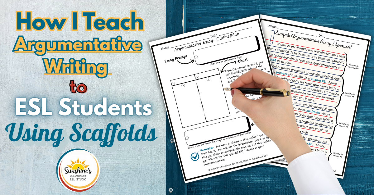 ESL teacher using scaffolds to teach argumentative writing with bilingual graphic organizers