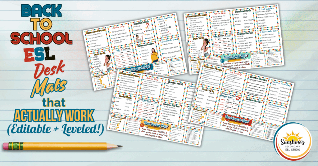 Back to School ESL Desk Mats for Teen English Learners – Editable and Leveled Versions