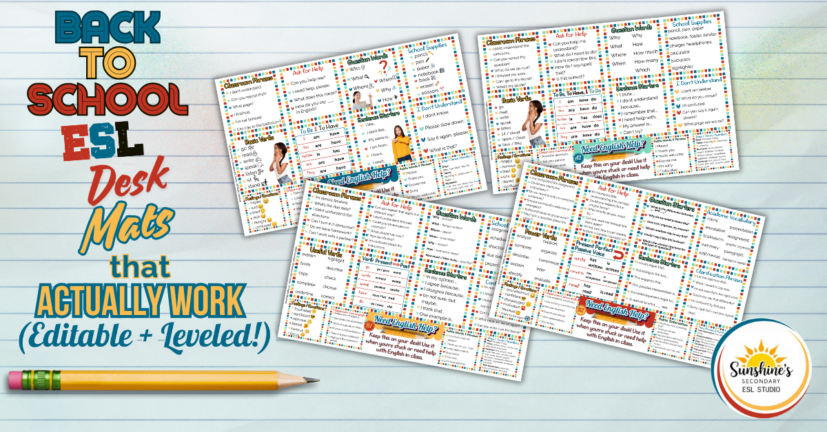 Back to School ESL Desk Mats for Teen English Learners – Editable and Leveled Versions