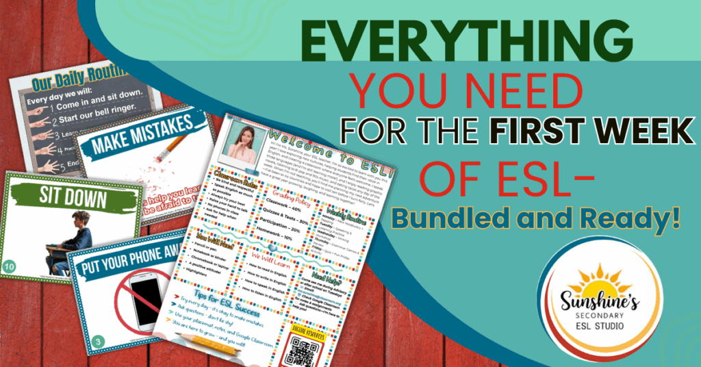 Back to School ESL teacher bundle for the first week of class with routines, posters, and syllabus