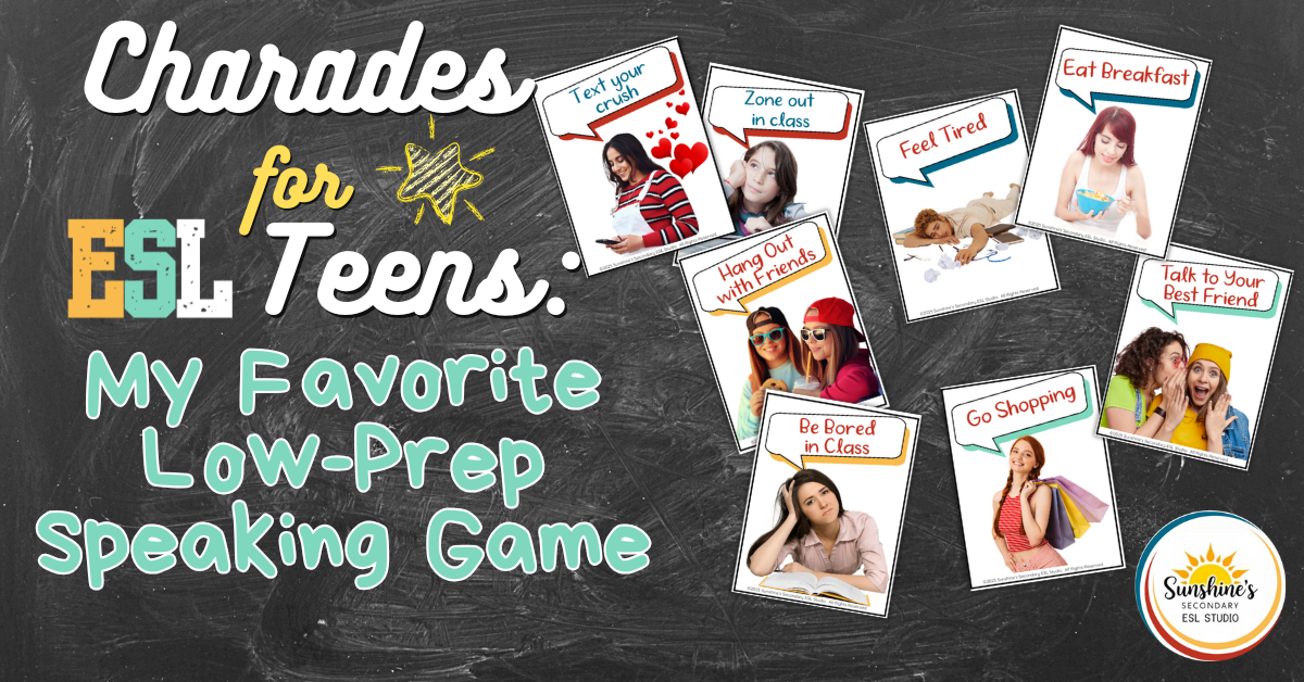 Charades game for ESL high school students featuring teen-friendly illustrated action cards on a chalkboard background