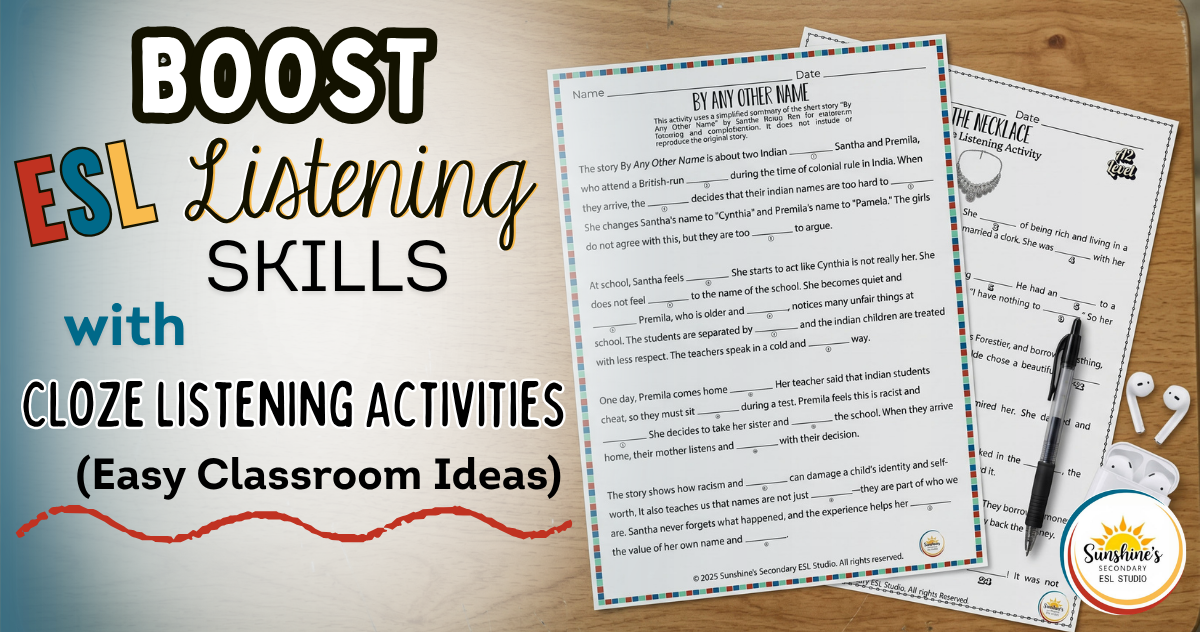Top-down view of ESL cloze listening activity worksheets with audio for high school students