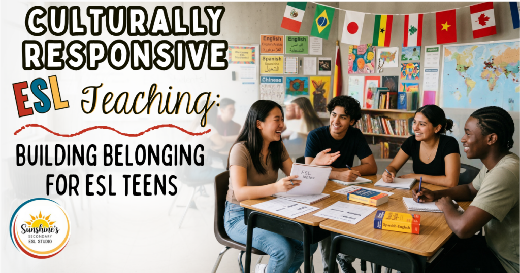 Diverse high school ESL students collaborating in a culturally responsive classroom environment